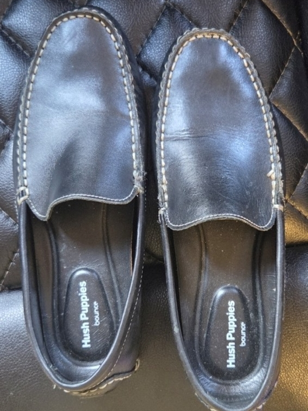 Hush Puppies Men’s Black Leather Slip-On Loafers with Contrast Stitching